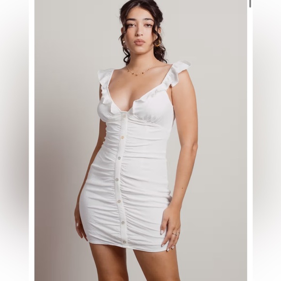 White Ruffle-Trim Button-Front Mini Dress - Picture 2 of 8